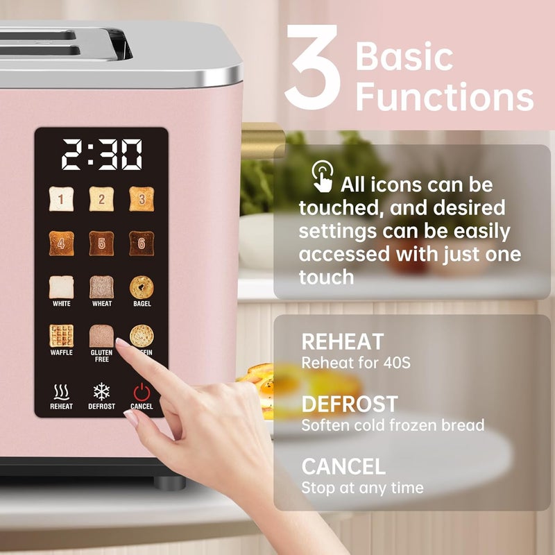 SEEDEEM Toaster 2 Slice, Touch Control Screen, Smart Stainless Toaster, 6 Shade Setting, 6 Bread Selection, Countdown, Removable Crumb Tray, 900W, Peach Pink - Image 2